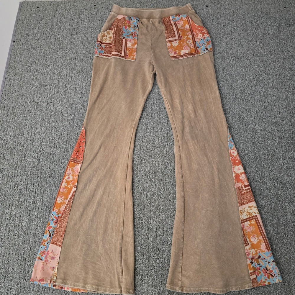 J.Her Womens M Taupe Mineral Wash Patchwork Boho Flare Pants Hippie Festival